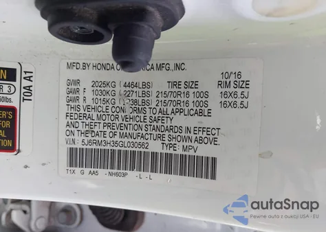 2016 Honda Cr-V Lx z USA, uszkodzony, nr VIN 5J6RM3H35GL030562